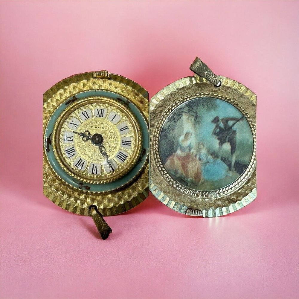 Vtg Diantus Womens Gold Tone Pendant Wind Up Mech Watch w/Old Fashioned Painting